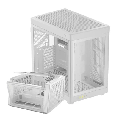 Immagine di GAMDIAS Custodia per PC da gioco, Case computer ATX Mid Tower, doppio orientamento, doppia camera, pannelli laterali panoramici in vetro temperato aperti one touch, flusso d&#039;aria eccellente,