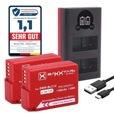 Immagine di Baxxtar Pro (2X) compatibile con la batteria Panasonic DMW BLC12 e Mini 1856 LCD DUAL caricatore (ingresso USB C MicroUSB)