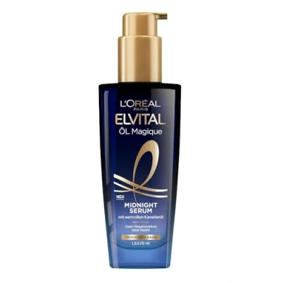 Immagine di L&#039;Oréal Paris Siero nutriente per capelli morbidi e lucenti, agisce a lungo contro crespo, non lascia residui, con olio di fiori camelia, Elvital Magique Midnight Serum, 1 x 100 ml
