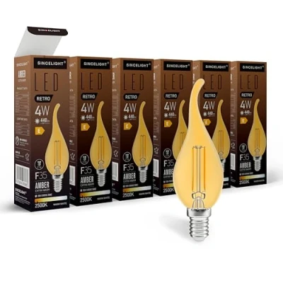 Immagine di SINCELIGHT Lampadina LED E14 a filamento, stile vintage, simile una fiamma, 4 W, 440 lm equivalente 50 ambra, bianco extra caldo 2500 K, attacco Edison piccolo SES, confezione da 6