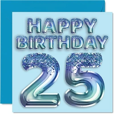 Immagine di Stuff4 Biglietto di auguri per 25 compleanno, da uomo, con palloncini blu glitterati, anni, fratello, figlio, nipote, zio, 145 mm x