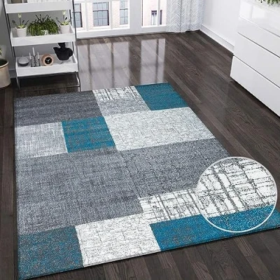 Immagine di VIMODA Tappeto dal Design a Pelo Corto Turchese, Grigio e Bianco con Effetto mattonelle, di Facile Manutenzione, Dimensioni: 80 x 150 cm