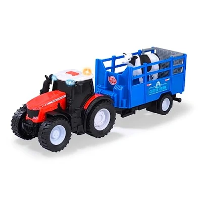 Immagine di Dickie Toys Massey Ferguson trattore giocattolo con rimorchio per animali e mucca auto la fattoria luce suono (batterie incluse), bambini dai 3 anni in su, 26 cm