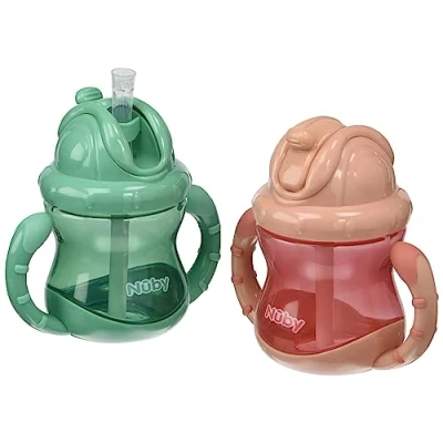 Immagine di Nuby Set di 2 tazze Flip it con cannuccia in silicone antigoccia manici e sistema chiusura ermetica Click 240ml rosa verde 12+ mesi