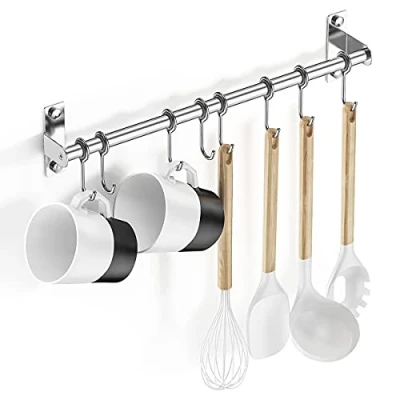 Immagine di Lesfit Porta Utensili da Cucina in Acciaio Inox con 8 Ganci, Barra Portautensili Coltelli Niente Fori Necessari per Bagno Gadget, Padelle, Tazze (Argento)