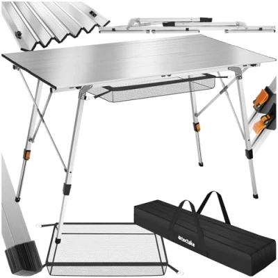 Immagine di TecTake® Tavolo da Campeggio in Alluminio Pieghevole Bastian, Regolabile Altezza, Tavolo, Alluminio, Richiudibile, Rete Portaoggetti, Argento