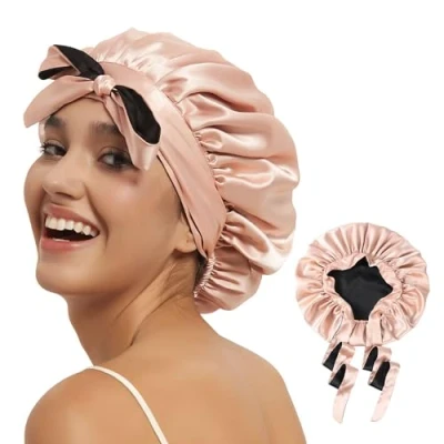 Immagine di Hat Hut Cuffia Seta Capelli Notte in Raso per Berretto da Ricci Donne Ragazza Reversibile, Doppio Strato con Fascia di Cravatta (Rosa/Nero, Taglia Unica)