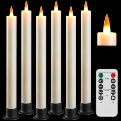 Immagine di Da by candela LED con telecomando e timer, a cono alimentata batteria, stoppino dinamico 3D, set di 6, avorio, 6 basi nere, adatto per casa, matrimonio, decorazione festiva