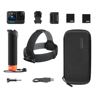 Immagine di GoPro Pacchetto accessori HERO12: include fotocamera HERO12 Black, The Handler (impugnatura mobile), fascia per la testa 2.0, batteria ricaricabile Enduro (2 in totale) e custodia il trasporto