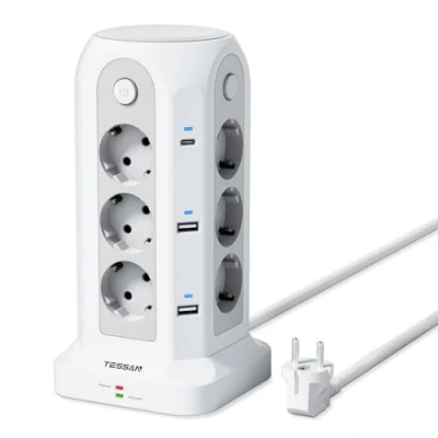 Immagine di TESSAN Ciabatta Multipresa con Interruttore, Torretta 12 Schuko e 6 USB, Prolunga Elettrica 2 Metri, 2500W Protezione Sovratensione da Scrivania per Casa,Ufficio, Bianca
