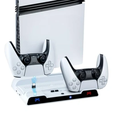 Immagine di Wigearss Supporto Verticale di Raffreddamento PS5 con Doppio Controller Caricatore per PS5/PS5 Slim/PS5 PRO UHD/Digital Edition