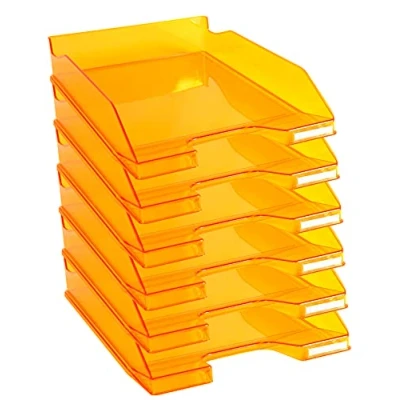 Immagine di Exacompta Cod.113246D Confezione da 6 Vaschette portacorrispondenza Combo Midi per formato A4+ Impilabili Capacità 500 fogli 80 gr Dim. : 34,7 x 25,5 6,5 cm Arancio traslucido glossy