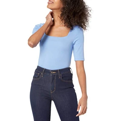 Immagine di Amazon Essentials T Shirt Aderente con Scollo Quadrato e Mezze Maniche Donna, Blu, M