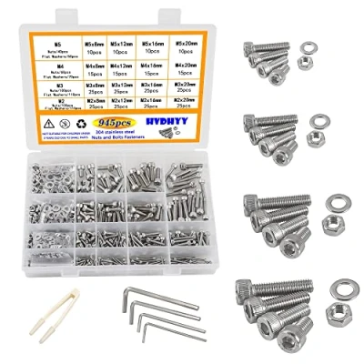 Immagine di HVDHYY 945 viti a testa cilindrica M2 M3 M4 M5 con esagono incassato set di esagonale A2 70, in acciaio inox, dadi, rondelle, kit Hex Socket Button scatola conservazione.