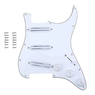 Immagine di Musiclily SSS Battipenna Precablato Pre Wired Loaded Strat Pickguard con Hot Rail Humbucker Pickup Formato Single Coil Set per Chitarra Elettrica Fender Squier Strat, 3 Strati Bianco