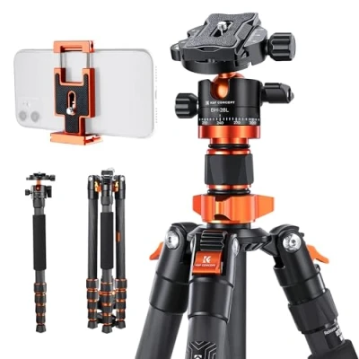 Immagine di K&amp;F Concept Treppiede D255C4+BH 28L+ 2 in 1 Piastra Sgancio Rapido 1/4&#039;&#039;, Treppiedi Reflex Portatible 170cm, Fotografico Fibra di Carbonio, 360 Testa a Sfera(Modello Vecchio:SA255C1)