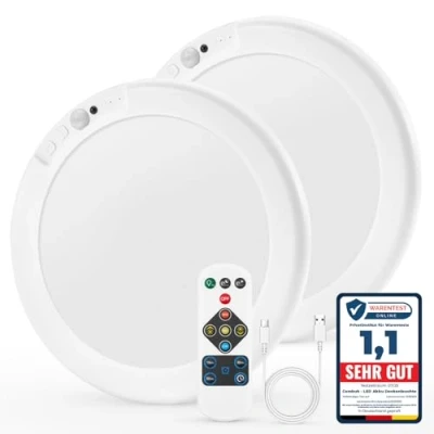 Immagine di Combuh Led Plafoniera Batteria Sensore Movimento, Lampada da Soffitto Ricaricabile Senza Fili, con Telecomando, Per Garage, Ripostiglio, Balcone, Doccia, 2 Pezzo