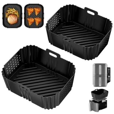 Immagine di Chiluxendo 2 Pezzo Cestino per Friggitrice ad Aria, Riutilizzabile Teglia in Silicone Rettangolare Air Fryer Contenitori Accessori, Cestello Airfryer, Microonde, Forno