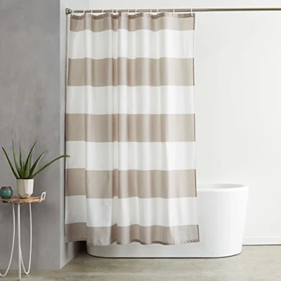 Immagine di Amazon Basics Tenda da Doccia in Tessuto Stampato Idrorepellente con Occhielli Metallo e Ganci plastica Bianca, 183 x cm, Marrone Chiaro/Beige, Grigio A Strisce