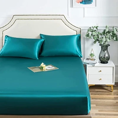 Immagine di Damier Lenzuolo con angoli elasticizzati in raso, 180 x 200 cm, turchese, verde, seta lucida, di alta qualità, adatto per materassi fino a 25 cm