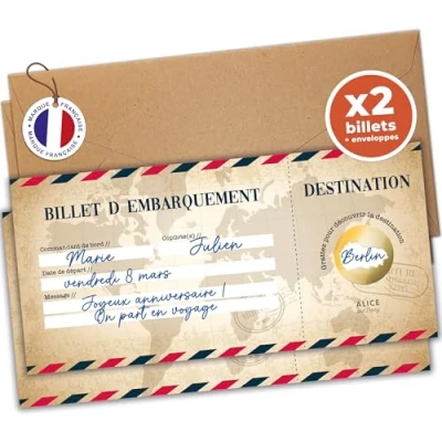 Immagine di Gratta e vinci da viaggio a sorpresa Carta d&#039;imbarco personalizzata regalare Biglietto aereo annuncio regalo di compleanno In francese Modello vintage (2 carte)