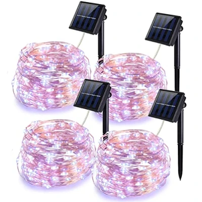 Immagine di QSPORTPEAK [4 pezzi] Catena di luci solari per esterni, 2 m, 100 LED, resistente alle intemperie, 8 modalità, IP65, impermeabile, filo rame, feste, matrimoni,