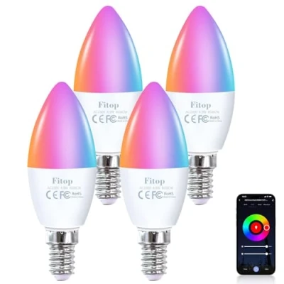 Immagine di Fitop Lampadine intelligenti Alexa, E14 Wlan LED Lampadina Dimmerabile 4.9W 470Lm+RGB 16 Milioni di Colori, Controllo APP Compatibile con Alexa/Google Home, Vocale, 4 Pezzi