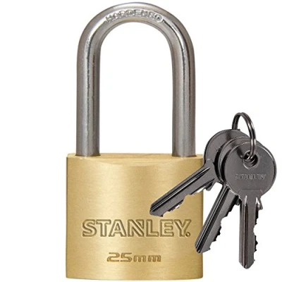 Immagine di Stanley Lucchetto Arco Lungo in Acciaio Cementato, Corpo Ottone Massiccio 25 mm, 3 Chiavi