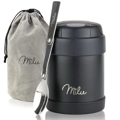 Immagine di Milu Thermo per Alimenti 300ml 440ml 450ml 650ml 800ml I Contenitore Termico di Acciaio Inossidabile, Isotermico Sottovuoto Cibi Caldi e Freddi (Nero, 300ml)