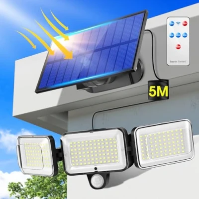 Immagine di Faretto LED da Esterno Solare con Sensore di Movimento[224LED/4Modes], 3 Teste 300 Luce Esterno, IP65 Faretti Solari a Esterno,Telecomando Lampada Garage Giardino