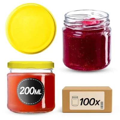 Immagine di KADAX Piccoli vasetti per conserve da 200 ml, fi66 mm, mini miele e spezie, ermetici, conserve, barattoli, rotondi (giallo, 100 pezzi)