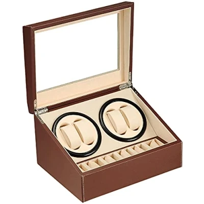 Immagine di DRAIGERWAY Scatola Carica Orologio Automatische Uhrenbeweger Box PU Leder Uhrengehäuse mit leisem Motor Batteriebetrieb oder Netzteil für Automatikuhren (Braun DGW)