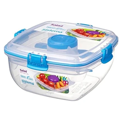 Immagine di Sistema Salad TO GO Contenitore per alimenti con singoli scomparti, posate da viaggio e vasetto condimento 1,1L Senza BPA Colori assortiti