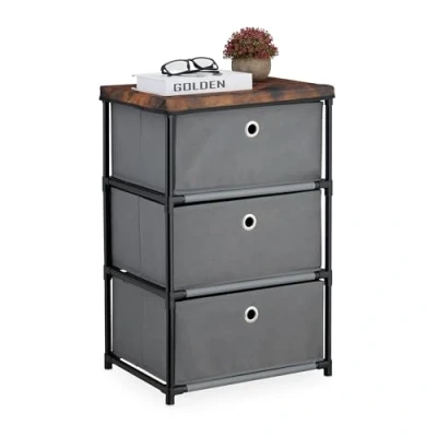 Immagine di Relaxdays Cassettiera in Stile Industriale, Comò con 3 Cassetti e Ripiano Tessuto, Metallo, 65x43x33 cm, Grigio Marrone, Acciaio