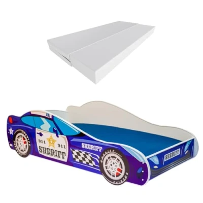 Immagine di KOBI Letto Bambini Auto Tema Sheriff Polizia Stradale 140 x 70 CM Forma Macchina per Bambino Lettino Automobile Singolo Lettini Bambina con Materasso
