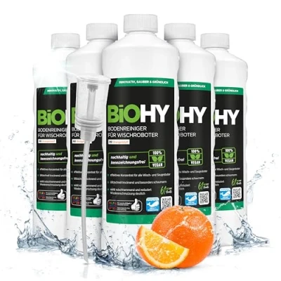 Immagine di BiOHY detergente per pavimenti robot con profumo arancione (6 x 1 litro) + dosatore concentrato tutti i braccio di schiuma e senza aloni sostenibile 1:200