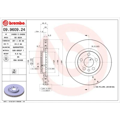 Immagine di BREMBO 09.9609.24 Disco freno 281 26 5 ventilazione interna PEUGEOT: Expert I Van, CITROËN: Jumpy MPV
