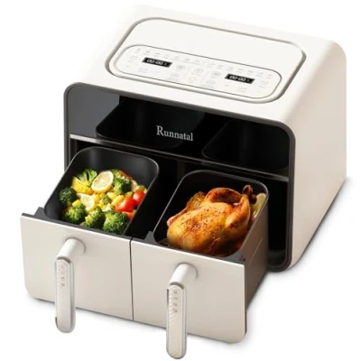 Immagine di Runnatal Friggitrice ad Aria Doppio Cestello 2100W, 8L Calda a Doppia Zona, Funzione 14 in 1, Senza Olio, Display LED, Finestre Visibili