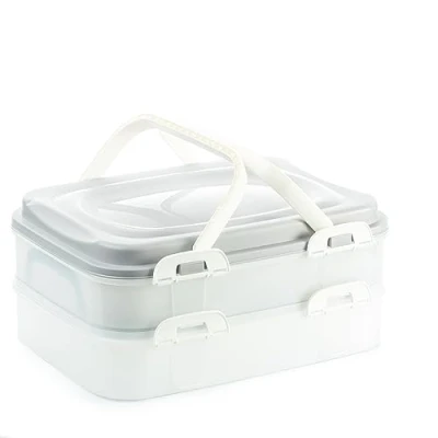 Immagine di 2friends Contenitore per il trasporto di torte,per cupcake e muffin,2 ripiani,rettangolare,con inserto sollevamento,coperchio con manici chiusure a pressione,40 x 30 18cm,prodotto in UE,grigio