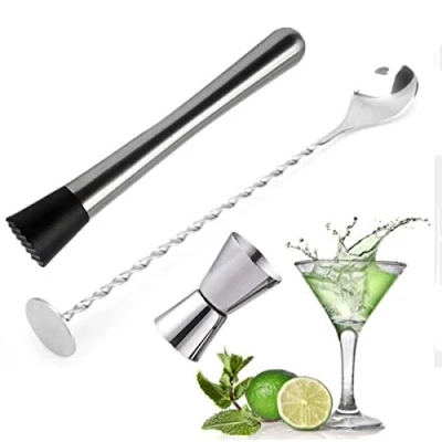 Immagine di Set di 3 strumenti da cocktail in acciaio inox, con pestello muddler, cucchiaio miscelazione e misurino jigger doppio (argento)