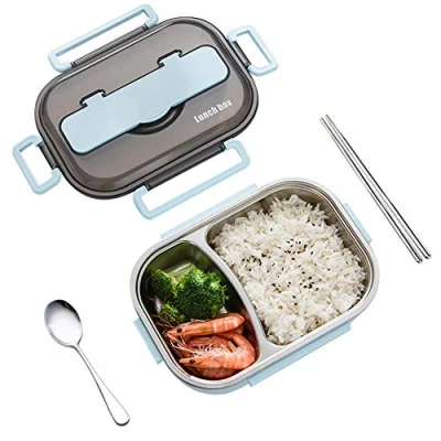 Immagine di amropi Scatole Bento Lunch Box Acciaio Inossidabile Contenitori 2/3/4/5 Scomparto Dispensa con Bastoncini e Cucchiaio (Blu, 2 Scomparto)