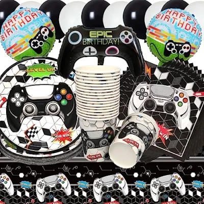 Immagine di Stoviglie per Feste Videogiochi,Doyomtoy 76 Pezzi Decorazioni di Compleanno Gioco Palloncini Piatti Tazze Tovaglioli Tovaglie Bambini