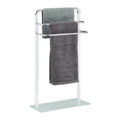 Immagine di Relaxdays Asciugamani da Terra, Porta Salviette in Metallo Cromato, Piantana Bagno a 3 Bracci, Bianco/Argento, HxLxP: 80x45x20 cm