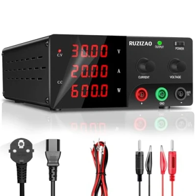Immagine di RUZIZAO Alimentatore da Banco 30V 20A 600W, Laboratorio Regolabile con Manopola Encoder, Professionale DC Alta Potenza Display a LED 4 Cifre e Uscita Stabile