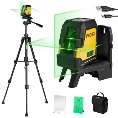 Immagine di PREXISO Laser a Linee, Livella Linea Laser, Autolivellante, Verticale/Orizzontale, Verde con 3 Modalità, Professionale Supporto Magnetico e Treppiede