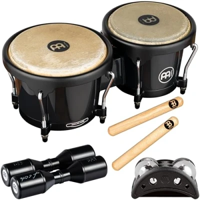 Immagine di Meinl Percussion Bongos Set con Bonghi, Shaker, Tamburello da Piede e 1 Coppia di Clave Black, Natural (BPP 1)