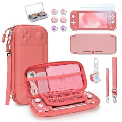 Immagine di Younik Custodia Switch Lite, Bundle di Accessori Lite 14 in 1, Protettiva Trasparente, per Carte Gioco, 2 Proteggi Schermo, 6 Grip il Pollice, Ciondolo, Corallo