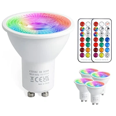 Immagine di VARICART Lampadina LED GU10, 5W Lampadine Colorate 12 Colori Faretto RGB, Dimmerabile con Telecomando, Luce Bianco Freddo 6000K, 50W Equiv. per decorazione della casa (confezione da 4)