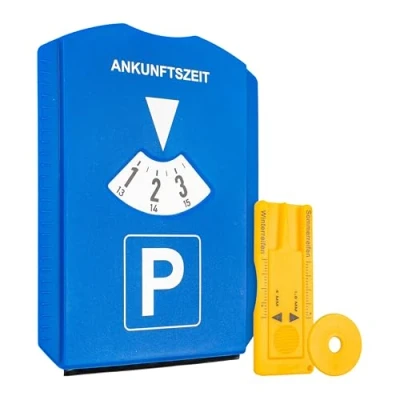 Immagine di disco di parcheggio con raschiaghiaccio, 1 pezzo, in blu, misuratore indicatore del battistrada e chip per carrello della spesa, auto, camion, camper, blu