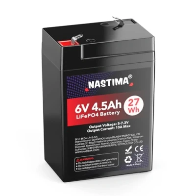 Immagine di NASTIMA Batteria Ricaricabile 6V 4,5Ah LiFePO4 con Protezione BMS e Ciclo Profondo 2000, Telecamere di Sorveglianza, Macchinine per Bambini, Barche a Motore, Campeggio, Pannelli Solari